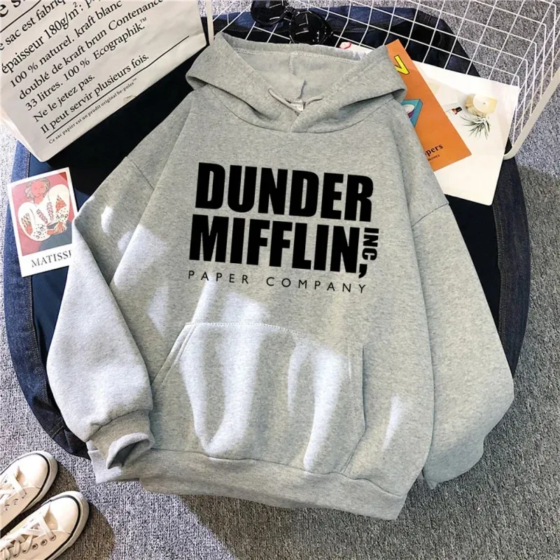 Dunder Mifflin Hoodie Paper Company Office TV Show Slogan Minimalista Estético Cinza Oversized Moletons Esportivos Casuais