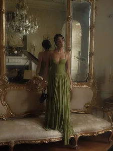 Green Fishbone Corset Halter Maxi Dress Women Backless Off Shoulder Pleated Heart Neck Slim Robe Lady Christmas Party Gown New