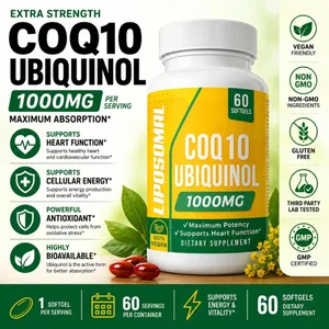 CoQ10 Ubiquinol 1000mg Vegan Softgels 60 Ct Liposomal உயர் உறிஞ்சுதல் கோஎன்சைம் Q10 இதய ஆற்றல் ஆக்ஸிஜனேற்ற தினசரி ஆதரவு